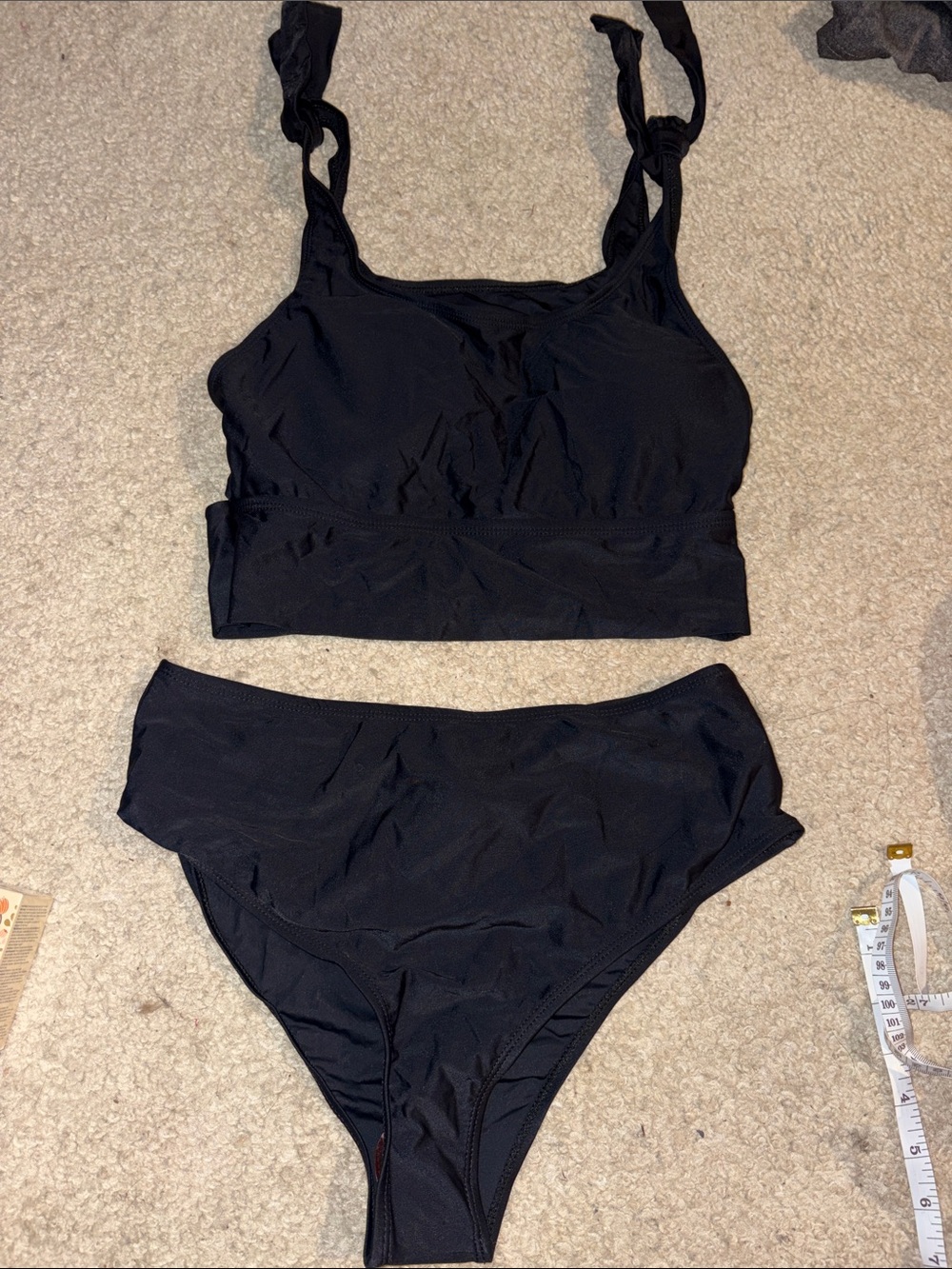 Women's Black Two-Piece Bikini Set with Faux Tie-Strap Top